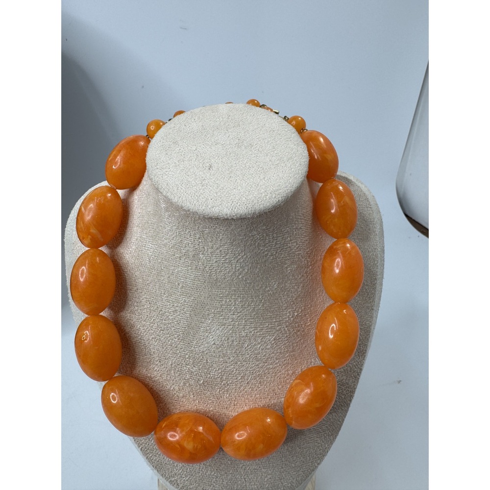 Vintage Chunky Orange Marbled Bead Statement Necklace Hook Clasp 17 Inch